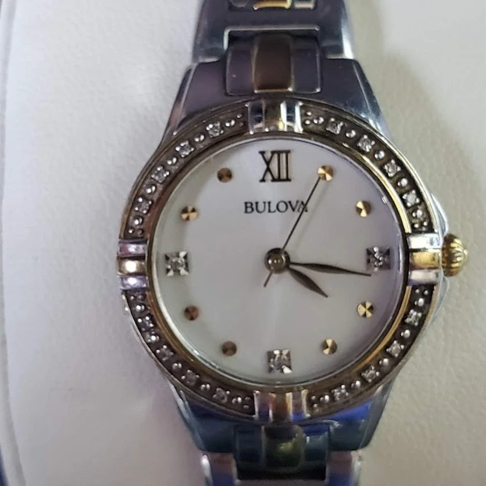 Bulova Womens Two Tone Diamond Accent Watch White Dial Roman Numeral 98R107